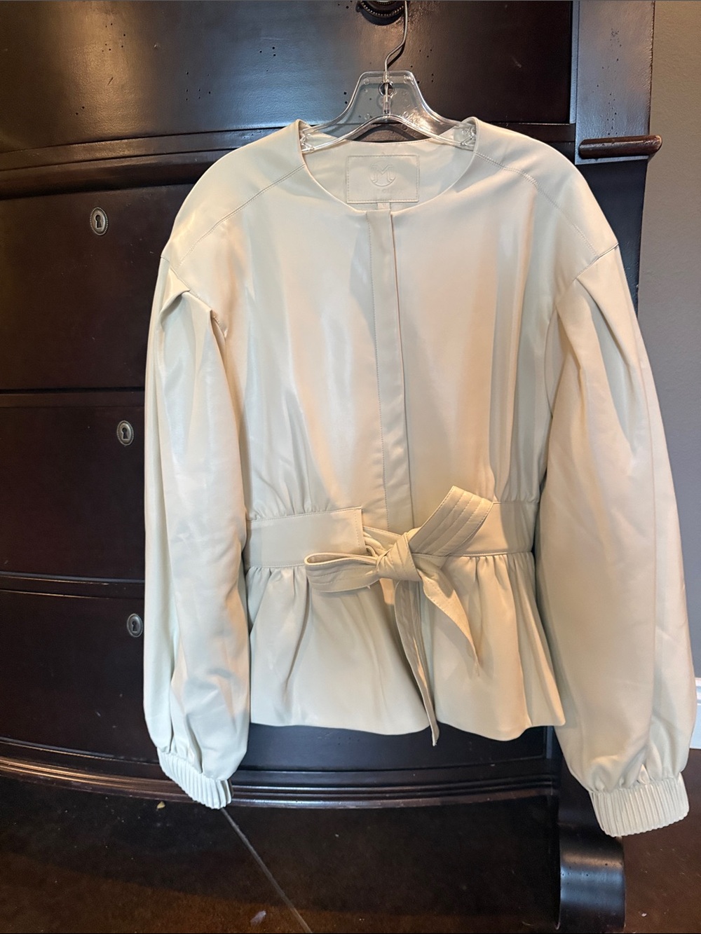 Marie Oliver Cream Belted Peplum Leather Jacket